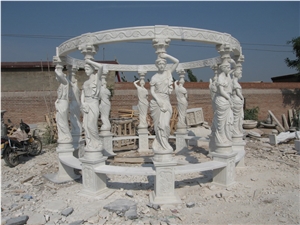 Hand Carved White Marble Gazebo with Statue Design