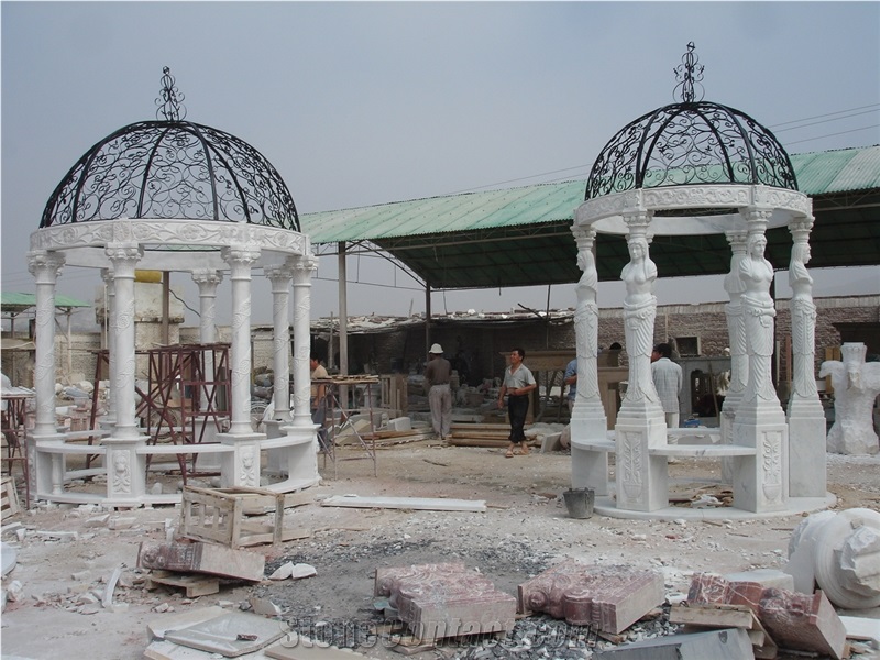 Hand Carved White Marble Gazebo with Statue Design