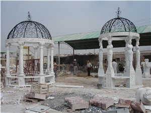 Hand Carved White Marble Gazebo with Statue Design