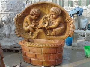 Hand Carved Yellow Marble Fountain with Statue Figure,China Yellow Marble