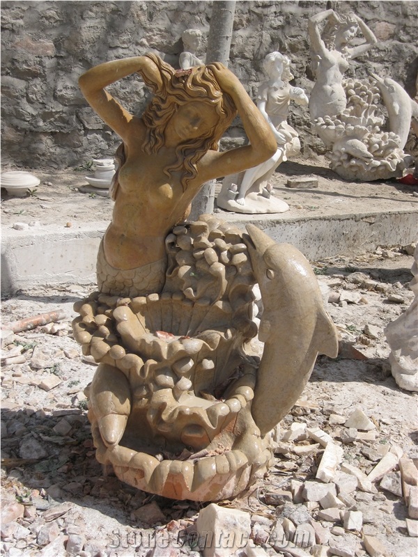 Hand Carved Yellow Marble Fountain with Statue Figure,China Yellow Marble