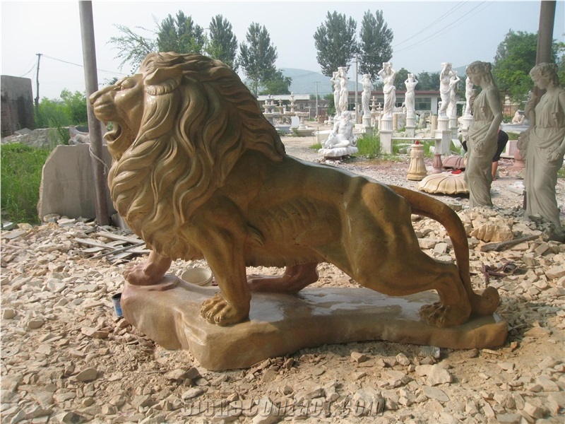 Hand Carved Yellow Marble Lion Statue Garden Sculpture Custom Made