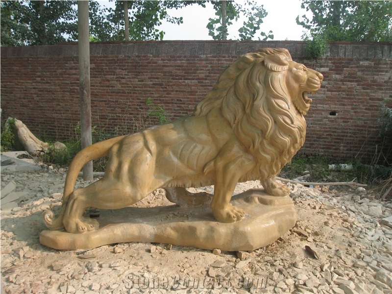 Hand Carved Yellow Marble Lion Statue Garden Sculpture Custom Made