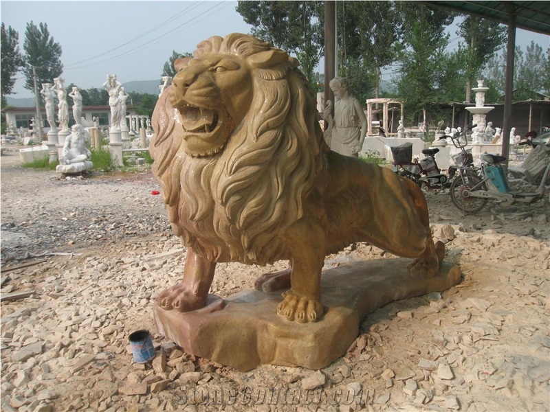 Hand Carved Yellow Marble Lion Statue Garden Sculpture Custom Made