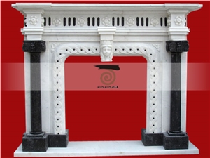 White Marble+Black Marble Hand Carved Column Design Fireplace Mantel