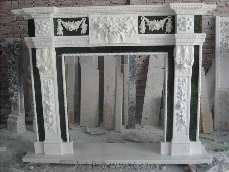 White Marble+Black Marble Hand Carved Column Design Fireplace Mantel