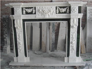 White Marble+Black Marble Hand Carved Column Design Fireplace Mantel
