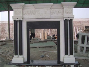 White Marble+Black Marble Hand Carved Column Design Fireplace Mantel