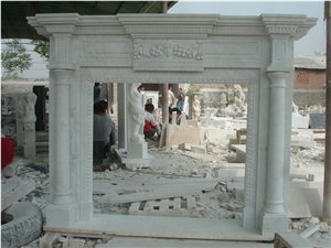 White Marble Fireplace Mantel with Column Design Surround Hearth