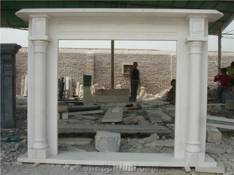 White Marble Fireplace Mantel with Column Design Surround Hearth