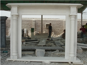 White Marble Fireplace Mantel with Column Design Surround Hearth