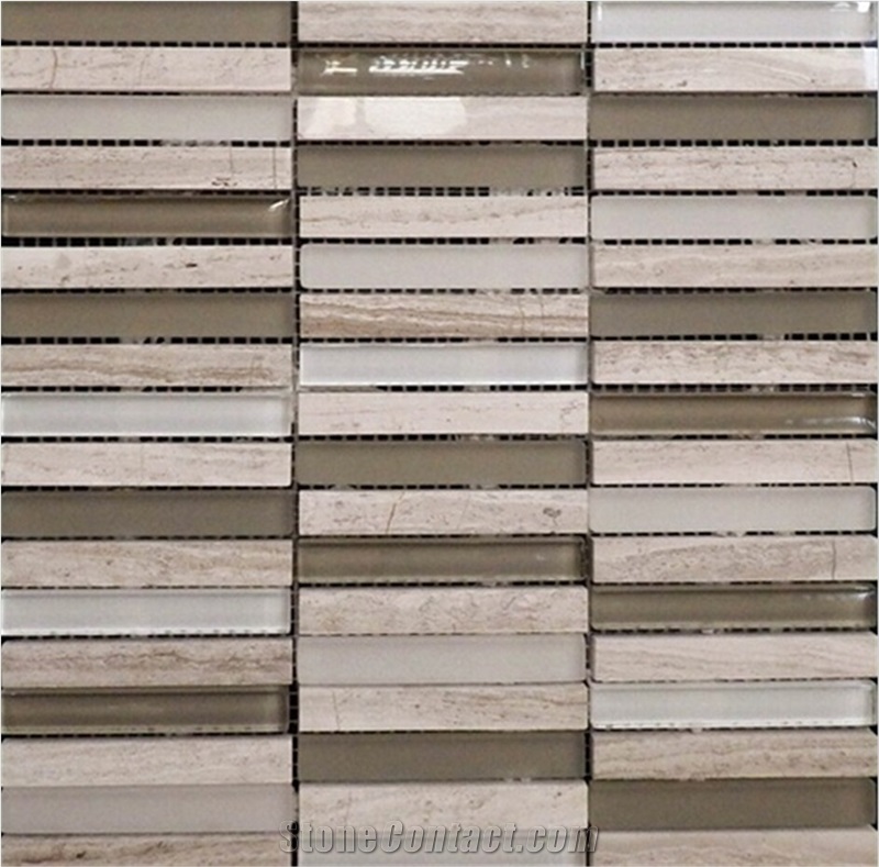 China Grey Wood Grain Mixed +Grey Wooden Mosaics+Glass Mosaic Manufacture Stone Material Mixing Glass Mosaic Rectangle Etc-Gw1g6
