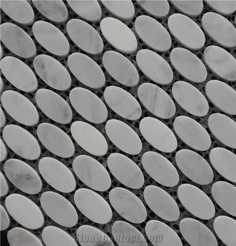 Volakas Marble Mosaic,White Marble Mosaic China Manufacture Stone Material Oval White A037s