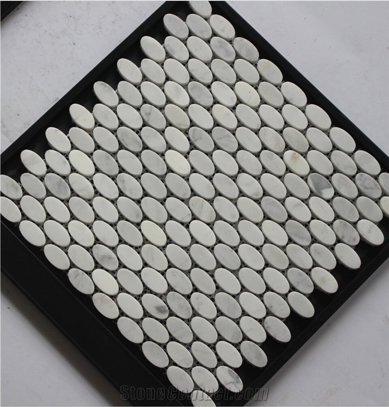 Volakas Marble Mosaic,White Marble Mosaic China Manufacture Stone Material Oval White A037s