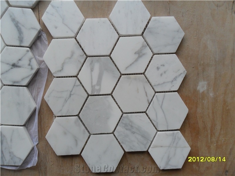 Calacatta Gold Marble Hexagon Mosaic, Italy White Marble Mosaic, Calacatta Carrara Marble Mosaic Tiles,Basketweave Mosaics,Stips Mosaics, Herringbone Mosaics, Octagon Mosaics