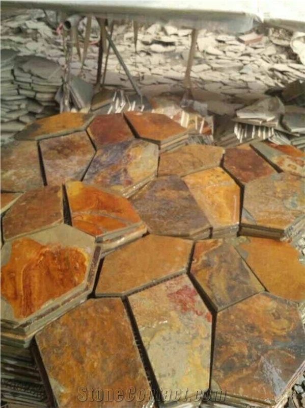 China Multicolor Slate Cobble Stone, Rusty, on Mesh, Walling, Paving, Flooring