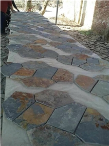 China Multicolor Slate Cobble Stone, Rusty, on Mesh, Walling, Paving, Flooring