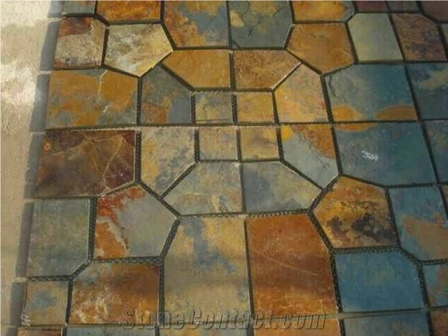 China Multicolor Slate Cobble Stone, Rusty, on Mesh, Walling, Paving, Flooring