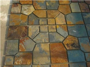 China Multicolor Slate Cobble Stone, Rusty, on Mesh, Walling, Paving, Flooring