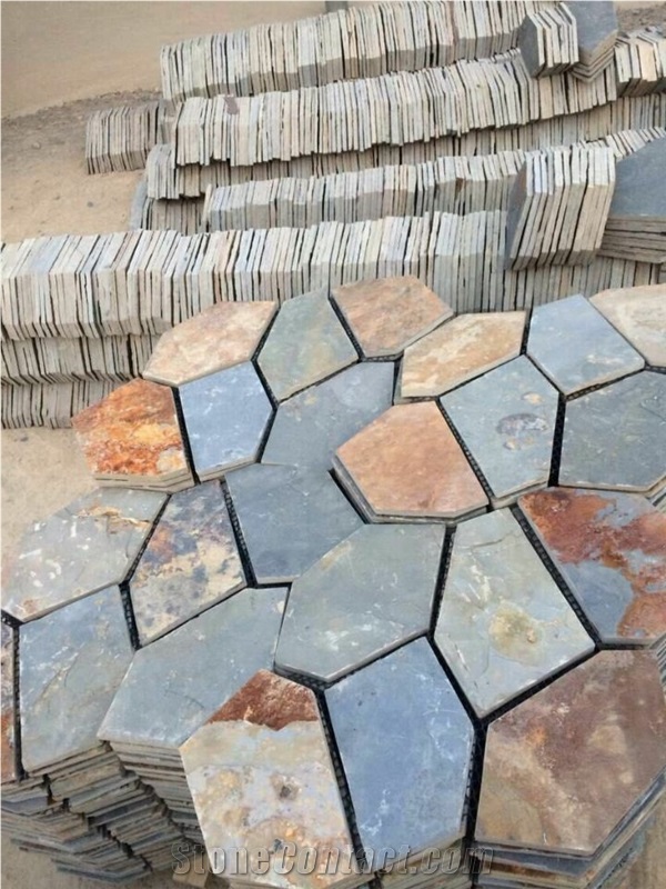 China Multicolor Slate Cobble Stone/Rusty/On Mesh/Walling/Paving/Flooring