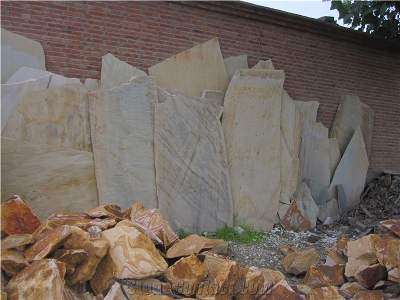 China Yellow Slate Random Flagstone / Yellow Wood Vein Slate Flagstone / Landscaping Stones / Crazy Stone / Irregular Flagstone Landscape
