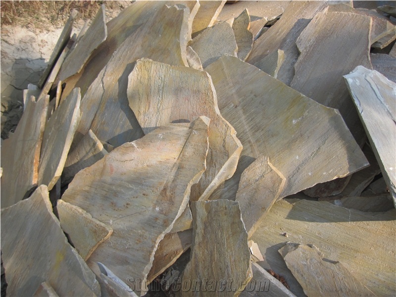 China Yellow Slate Random Flagstone / Yellow Wood Vein Slate Flagstone / Landscaping Stones / Crazy Stone / Irregular Flagstone Landscape