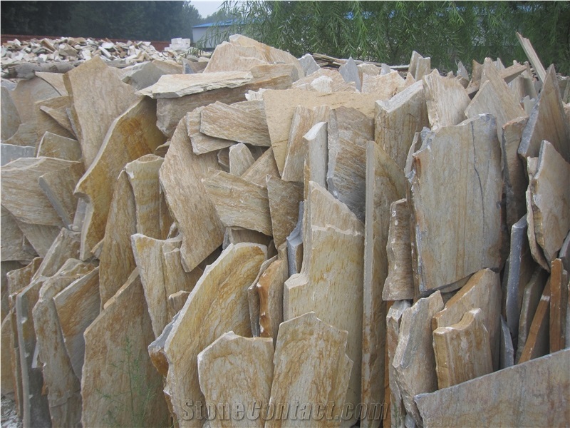 China Yellow Slate Random Flagstone / Yellow Wood Vein Slate Flagstone / Landscaping Stones / Crazy Stone / Irregular Flagstone Landscape
