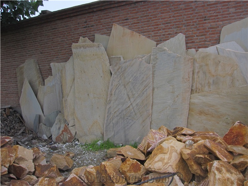 China Yellow Slate Random Flagstone / Yellow Wood Vein Slate Flagstone / Landscaping Stones / Crazy Stone / Irregular Flagstone Landscape, China Yellow Slate Flagstone