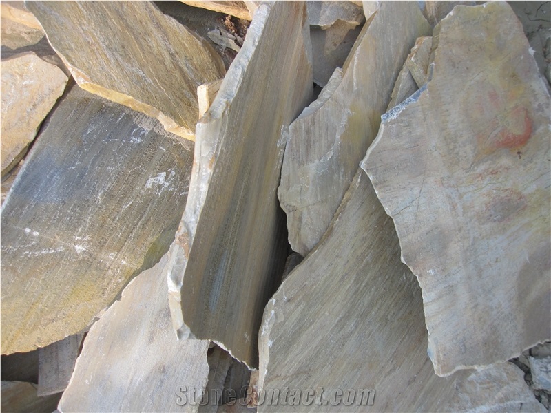 China Yellow Slate Random Flagstone / Yellow Wood Vein Slate Flagstone / Landscaping Stones / Crazy Stone / Irregular Flagstone Landscape, China Yellow Slate Flagstone