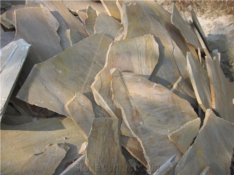 China Yellow Slate Random Flagstone / Yellow Wood Vein Slate Flagstone / Landscaping Stones / Crazy Stone / Irregular Flagstone Landscape, China Yellow Slate Flagstone