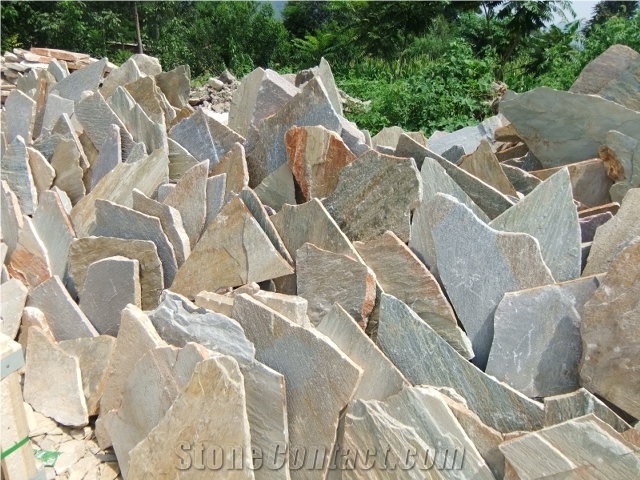 China Yellow Slate Random Flagstone / Yellow Wood Vein Slate Flagstone / Landscaping Stones / Crazy Stone / Irregular Flagstone Landscape, China Yellow Slate Flagstone