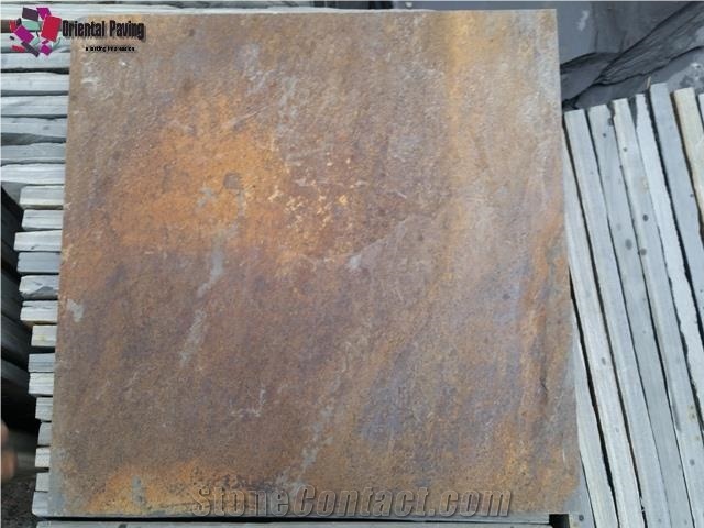 Yellow Rusty Slate Tiles, Natural Dark Rusty Slate Stone Floor Covering Tile, Rusty Flooring Slate Tile