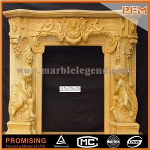 Angel Western & European Customized Figure, Yellow Gandomac Marble Fireplace, Hand Carving Sculptured Fireplace Mantel