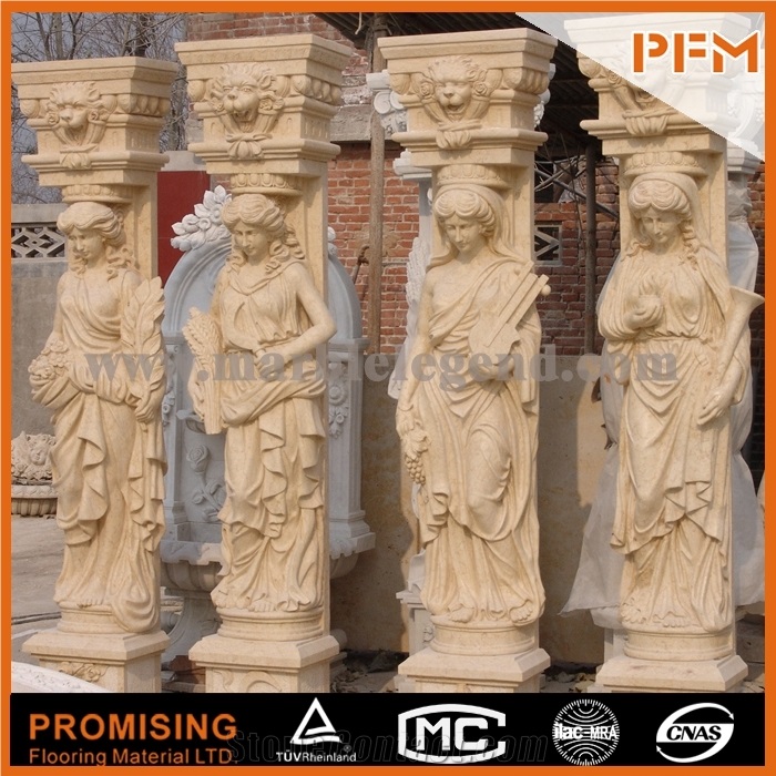 Antique Marble Column Marble Pillar with Ladies Statue, Buff Yellow Sandstone Statues