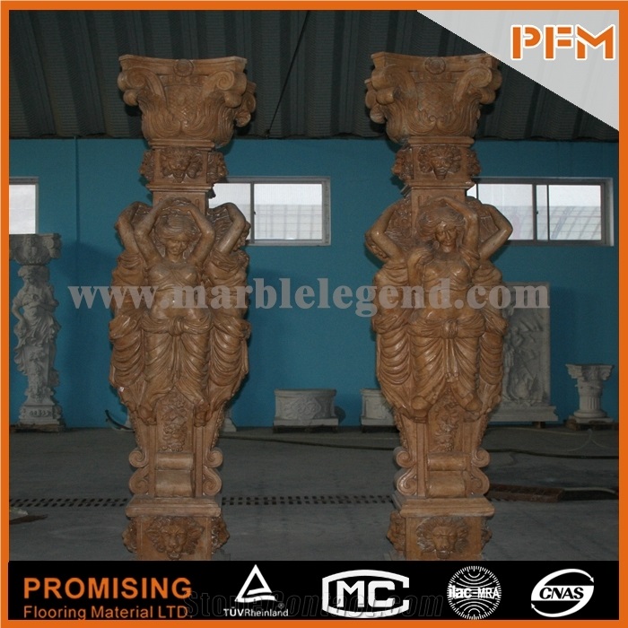 Antique Marble Column Marble Pillar with Ladies Statue, Buff Yellow Sandstone Statues