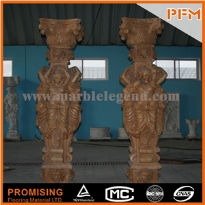 Antique Marble Column Marble Pillar with Ladies Statue, Buff Yellow Sandstone Statues
