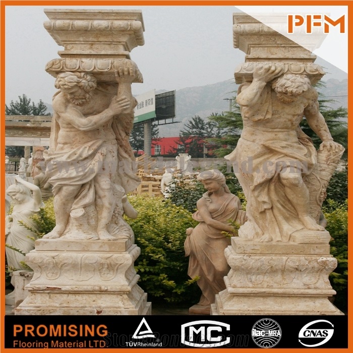 Antique Marble Column Marble Pillar with Strong Man Statue, Buff Yellow Sandstone Statues