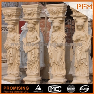 Antique Marble Column Marble Pillar with Strong Man Statue, Buff Yellow Sandstone Statues