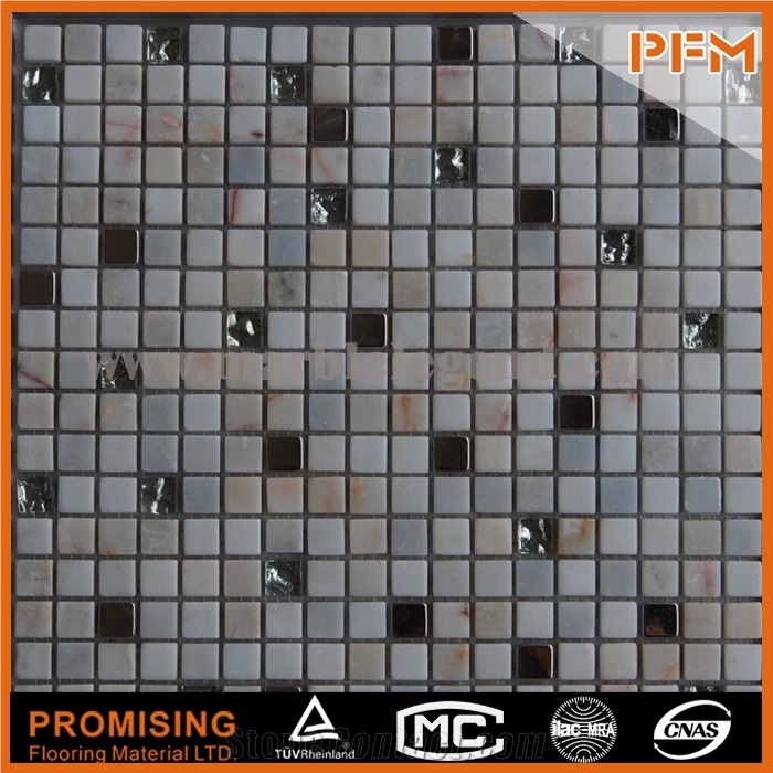 China Pure Hand Carved Natural Stone White Marble + Glass Mosaic
