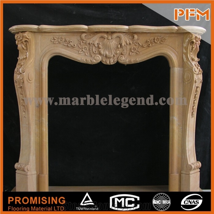 China Yellow Polished Travertine Fireplace, Western & European Customized Figure, Hand Carving Sculptured Fireplace Mantel