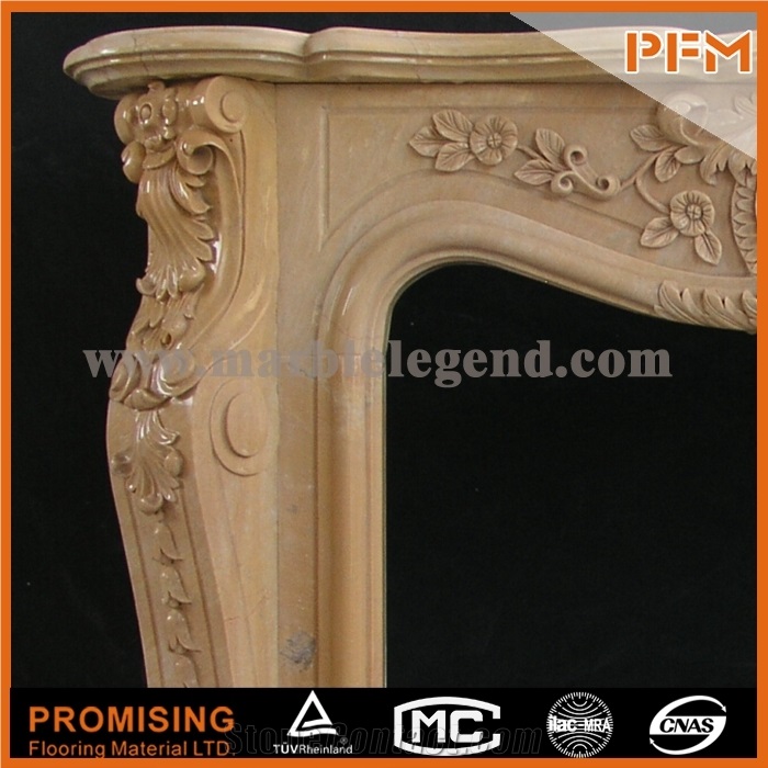 China Yellow Polished Travertine Fireplace, Western & European Customized Figure, Hand Carving Sculptured Fireplace Mantel