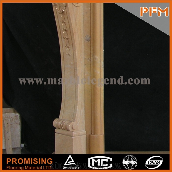 China Yellow Polished Travertine Fireplace, Western & European Customized Figure, Hand Carving Sculptured Fireplace Mantel