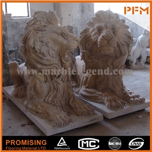High-Polishing Hand Carved Henan Yellow Limestone Lion Animal Statues