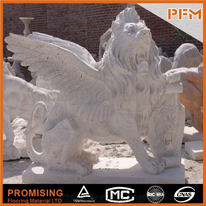 Home Decor Antique Sculpture Art Modern Statue Fly Lion Cream Travertine Sculpture Beautiful Animal Collectibles Statue