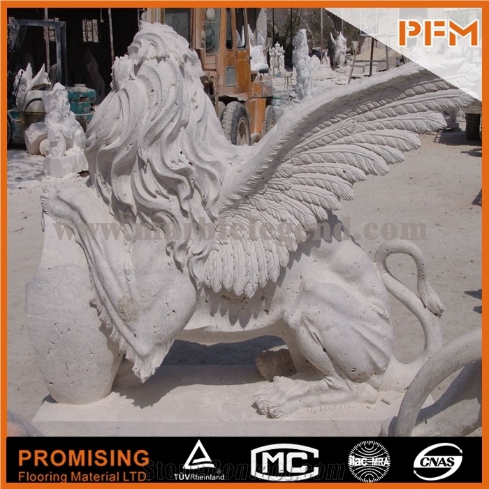 Home Decor Antique Sculpture Art Modern Statue Fly Lion Cream Travertine Sculpture Beautiful Animal Collectibles Statue