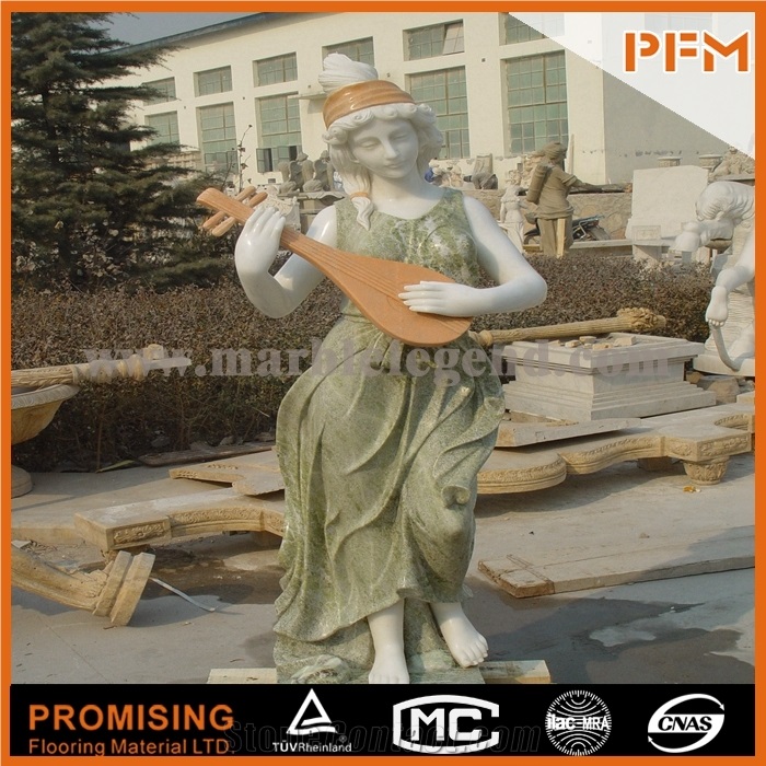 Life Size Indoor Green Marble Statues with Lute,Apple Green Marble Sculpture