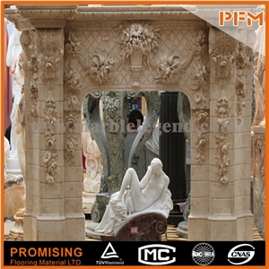 New Design Natural Flowers Beige Polished Marble Fireplace, Western & European Customized Figure, Hand Carving Sculptured Fireplace Mantel