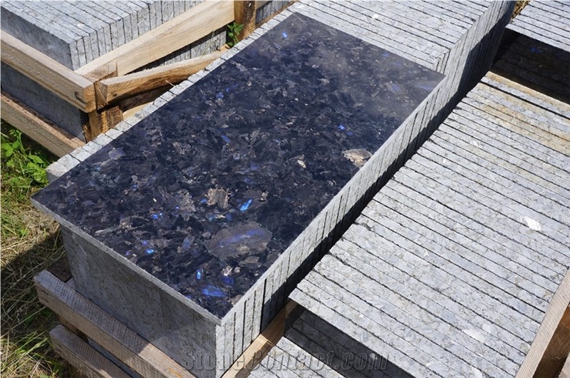 Tiles from Granite Labradorite Volga Blue, Volga Blue Extra, Extra Blue Ukraine, Galactic Blue, Blue Volga (Black Sea)
