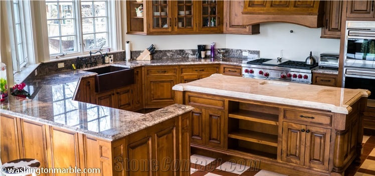 Riviera Beige Marble and Arctic Diamond Perimeter Granite Countertop