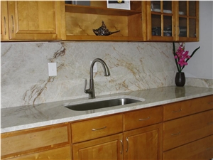 White Macaubas Quartzite Kitchen Countertop and Solid Backsplash